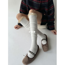 甯小益花邊過膝襪子女秋冬法式甜美lolita高筒堆堆棉襪竪條長筒襪