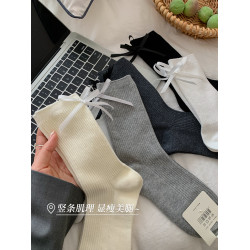 後跟蝴蝶結襪子女中筒襪春秋季純色棉襪少女jk洛麗塔芭蕾風長筒襪