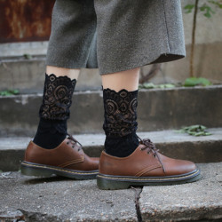 2雙裝 韓國時尚復古蕾絲襪子女日系網眼堆堆襪春秋鏤空網襪中筒襪