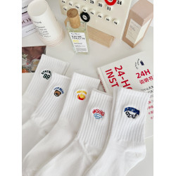 白色運動襪子女純棉中筒襪簡約日系卡通刺綉百搭黑色長襪ins春夏
