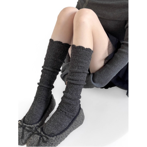 MIU系木耳花邊小腿襪日系鏤空針織中筒襪深灰色甜美少女堆堆長襪 MIU系木耳花邊小腿襪日系鏤空針織中筒襪深灰色甜美少女堆堆長襪