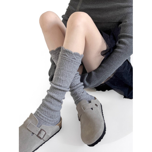 MIU系木耳花邊小腿襪日系鏤空針織中筒襪深灰色甜美少女堆堆長襪 MIU系木耳花邊小腿襪日系鏤空針織中筒襪深灰色甜美少女堆堆長襪