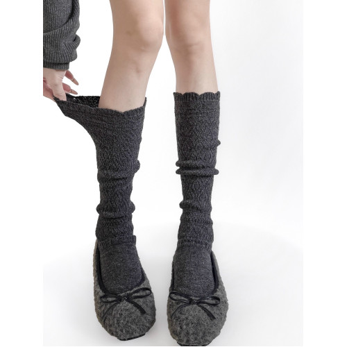 MIU系木耳花邊小腿襪日系鏤空針織中筒襪深灰色甜美少女堆堆長襪 MIU系木耳花邊小腿襪日系鏤空針織中筒襪深灰色甜美少女堆堆長襪