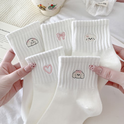 粉色刺綉小狗襪子女春秋中筒襪純棉韓版卡通新款可愛白色甜美運動