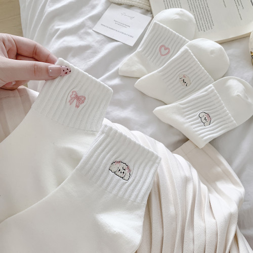 粉色刺綉小狗襪子女春秋中筒襪純棉韓版卡通新款可愛白色甜美運動 粉色刺綉小狗襪子女春秋中筒襪純棉韓版卡通新款可愛白色甜美運動