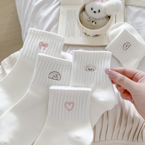 粉色刺綉小狗襪子女春秋中筒襪純棉韓版卡通新款可愛白色甜美運動 粉色刺綉小狗襪子女春秋中筒襪純棉韓版卡通新款可愛白色甜美運動