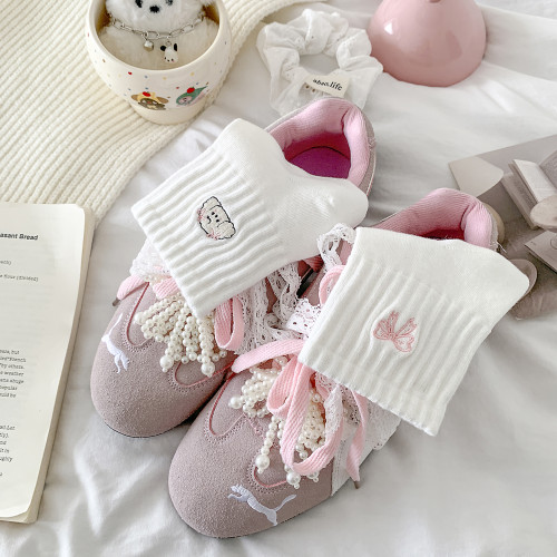 粉色刺綉小狗襪子女春秋中筒襪純棉韓版卡通新款可愛白色甜美運動 粉色刺綉小狗襪子女春秋中筒襪純棉韓版卡通新款可愛白色甜美運動
