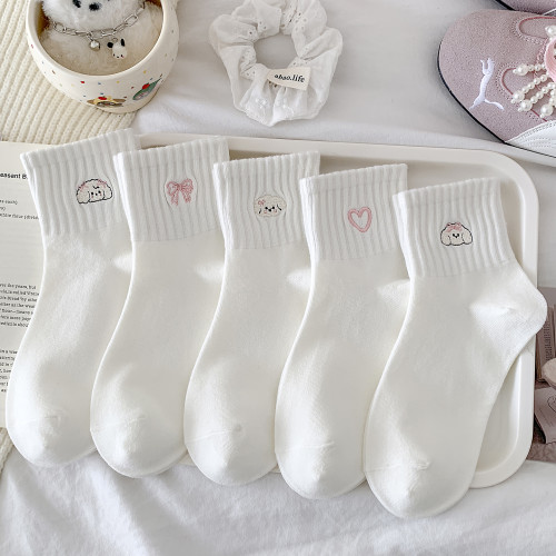 粉色刺綉小狗襪子女春秋中筒襪純棉韓版卡通新款可愛白色甜美運動 粉色刺綉小狗襪子女春秋中筒襪純棉韓版卡通新款可愛白色甜美運動
