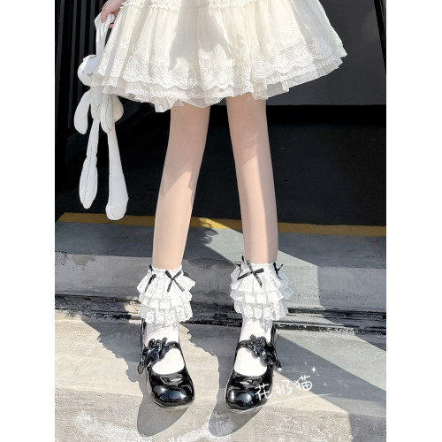 Lolita襪子女夏季薄款可愛白色純棉多層花邊中筒襪蝴蝶結少女短襪