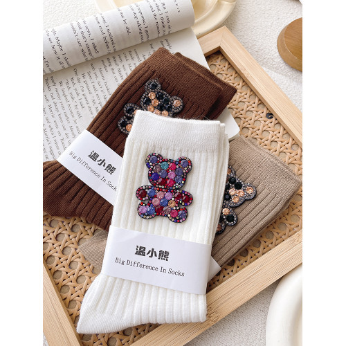 韓版時尚水鑽小熊裝飾襪設計感個性外穿百搭堆堆襪中筒棉襪ins潮 韓版時尚水鑽小熊裝飾襪設計感個性外穿百搭堆堆襪中筒棉襪ins潮