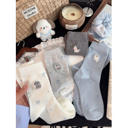 小狗刺綉襪子女中筒襪ins潮棉襪春秋可愛卡通蝴蝶結女生堆堆長襪