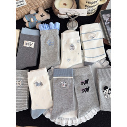 新款刺綉小狗襪子女中筒襪ins潮棉襪春秋灰色可愛卡通蝴蝶結長襪