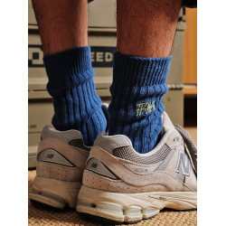 藍色刺綉字母男款運動中筒襪日系針織堆堆長襪港風潮牌粗線純棉襪