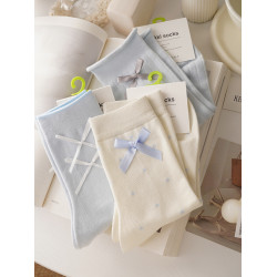 太好看了吧~無骨藍色系~蝴蝶結堆堆襪子女中筒春夏薄款甜美花邊襪