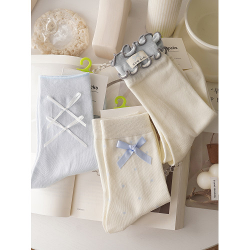 太好看了吧~無骨藍色系~蝴蝶結堆堆襪子女中筒春夏薄款甜美花邊襪 太好看了吧~無骨藍色系~蝴蝶結堆堆襪子女中筒春夏薄款甜美花邊襪