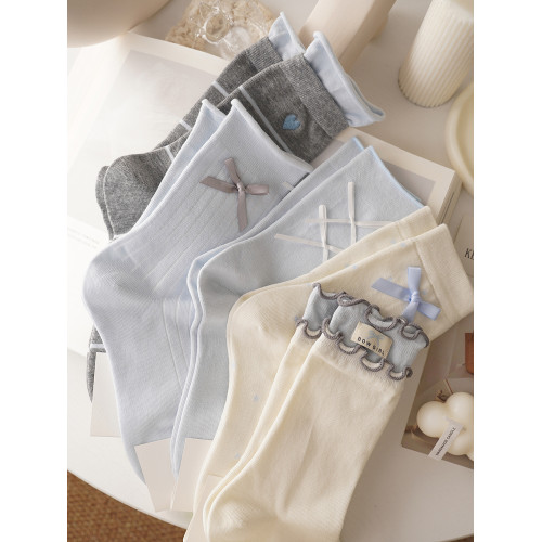 太好看了吧~無骨藍色系~蝴蝶結堆堆襪子女中筒春夏薄款甜美花邊襪 太好看了吧~無骨藍色系~蝴蝶結堆堆襪子女中筒春夏薄款甜美花邊襪