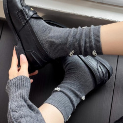 秋冬jk米白色中筒襪蝴蝶結條紋堆堆襪咖色短襪子菸灰色小腿襪女