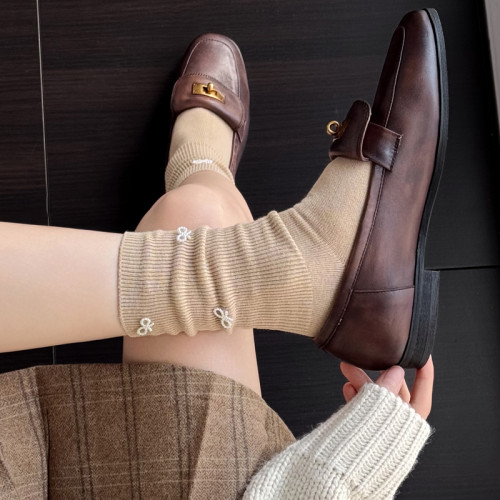 秋冬jk米白色中筒襪蝴蝶結條紋堆堆襪咖色短襪子菸灰色小腿襪女 秋冬jk米白色中筒襪蝴蝶結條紋堆堆襪咖色短襪子菸灰色小腿襪女