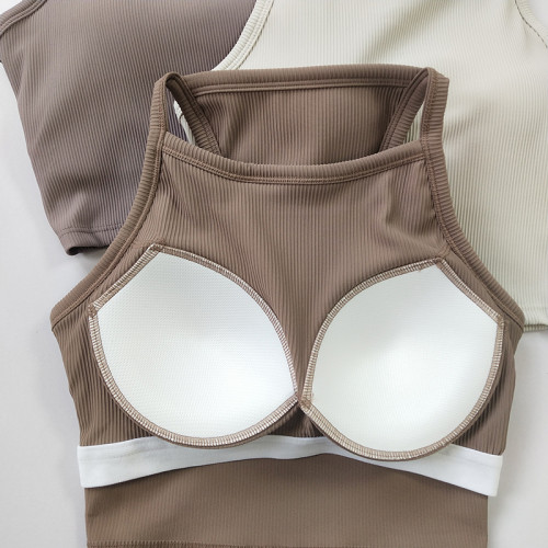 背心式螺紋大牌同款瑜珈美背高領防走光女一體式運動防震健身文胸 背心式螺紋大牌同款瑜珈美背高領防走光女一體式運動防震健身文胸