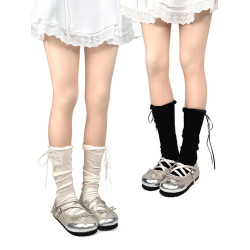 WHITE SOCKS藍色芭蕾風蝴蝶結小腿襪女春夏薄款透氣顯瘦堆堆襪女