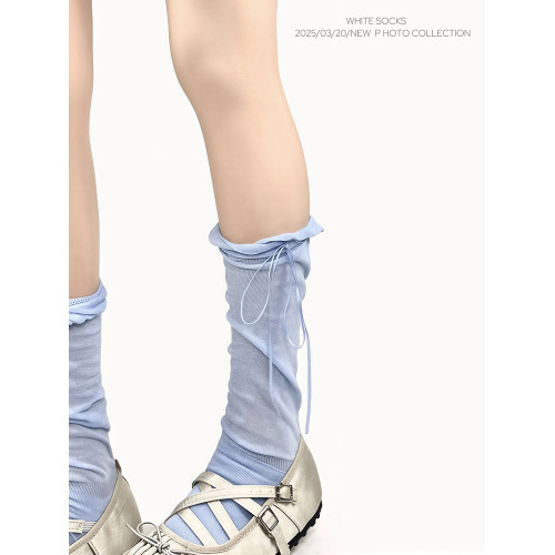 WHITE SOCKS藍色芭蕾風蝴蝶結小腿襪女春夏薄款透氣顯瘦堆堆襪女 WHITE SOCKS藍色芭蕾風蝴蝶結小腿襪女春夏薄款透氣顯瘦堆堆襪女