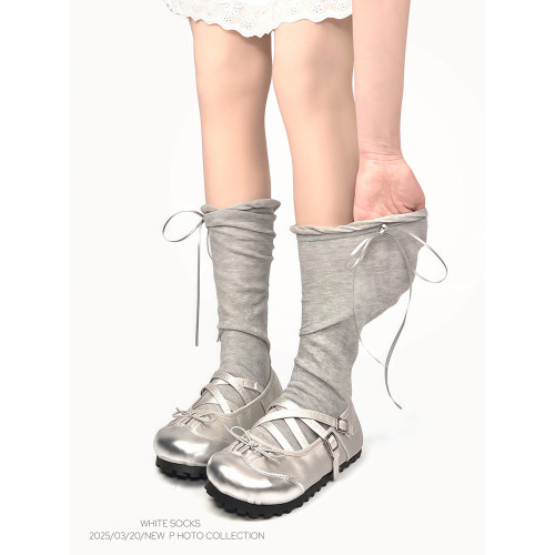 WHITE SOCKS藍色芭蕾風蝴蝶結小腿襪女春夏薄款透氣顯瘦堆堆襪女 WHITE SOCKS藍色芭蕾風蝴蝶結小腿襪女春夏薄款透氣顯瘦堆堆襪女