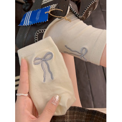 襪子女中筒襪精梳棉後跟蝴蝶結刺綉春秋季中長筒日系芭蕾風堆堆襪