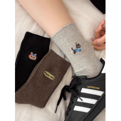 可愛小貓襪子女款秋2025新款純棉中筒襪韓系穿搭德訓鞋長筒堆堆襪