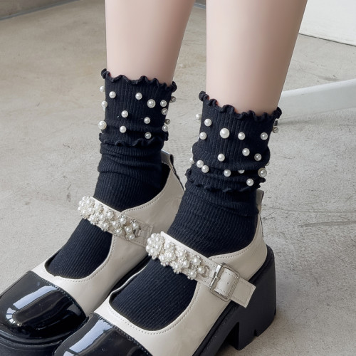 韓版個性時尚珍珠襪子女夏中筒日系木耳花邊ins潮百搭甜美堆堆襪 韓版個性時尚珍珠襪子女夏中筒日系木耳花邊ins潮百搭甜美堆堆襪