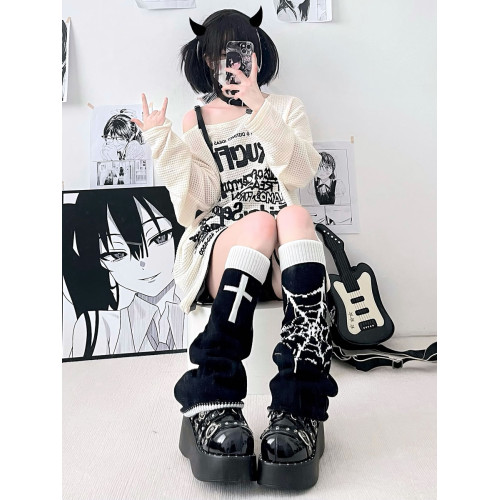 腿套y2k十字架濶腿亞文化蜘蛛網龐克jk辣妹針織喇叭千禧堆堆襪套 腿套y2k十字架濶腿亞文化蜘蛛網龐克jk辣妹針織喇叭千禧堆堆襪套