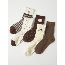 會員拍 五雙裝 咖色系女士中筒襪 愛卡通風百搭舒適彈力女襪 秋冬