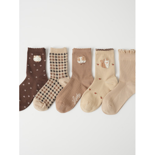 會員拍 五雙裝 咖色系女士中筒襪 愛卡通風百搭舒適彈力女襪 秋冬 會員拍 五雙裝 咖色系女士中筒襪 愛卡通風百搭舒適彈力女襪 秋冬