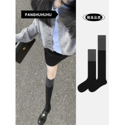 黑灰色長筒襪女秋冬保暖顯瘦高筒過膝襪子網紅拼接小腿襪網紅同款