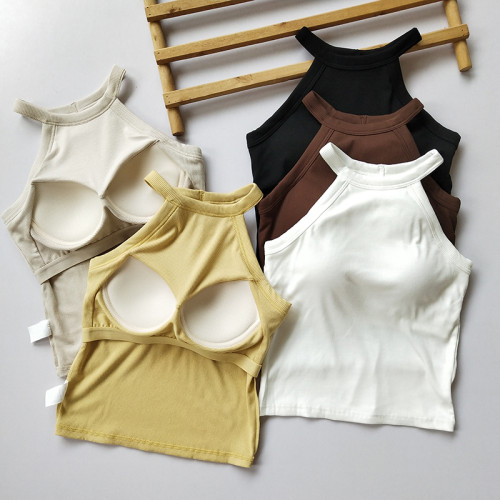 帶胸墊瑜珈服運動掛脖上衣女一體內衣外穿健身夏透氣露肩吊帶背心 帶胸墊瑜珈服運動掛脖上衣女一體內衣外穿健身夏透氣露肩吊帶背心