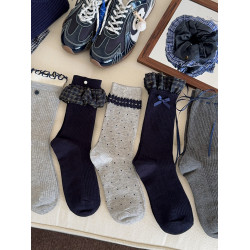 新款格子花邊襪子女中筒襪春秋款棉襪搭配小皮鞋日系女生堆堆長襪