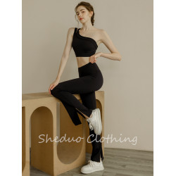 運動背心內衣女單肩瑜珈服帶胸墊健身上衣女黑色文胸套裝健身服女