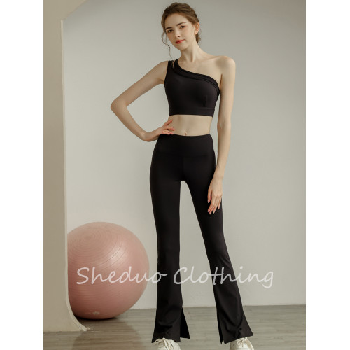 運動背心內衣女單肩瑜珈服帶胸墊健身上衣女黑色文胸套裝健身服女