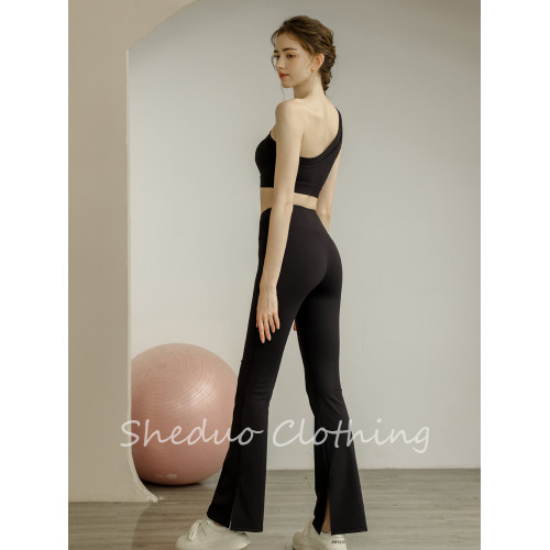 運動背心內衣女單肩瑜珈服帶胸墊健身上衣女黑色文胸套裝健身服女