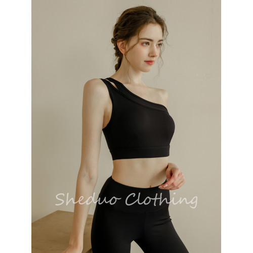 運動背心內衣女單肩瑜珈服帶胸墊健身上衣女黑色文胸套裝健身服女