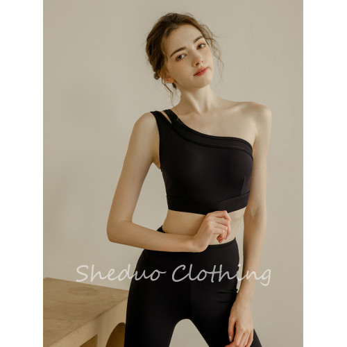運動背心內衣女單肩瑜珈服帶胸墊健身上衣女黑色文胸套裝健身服女