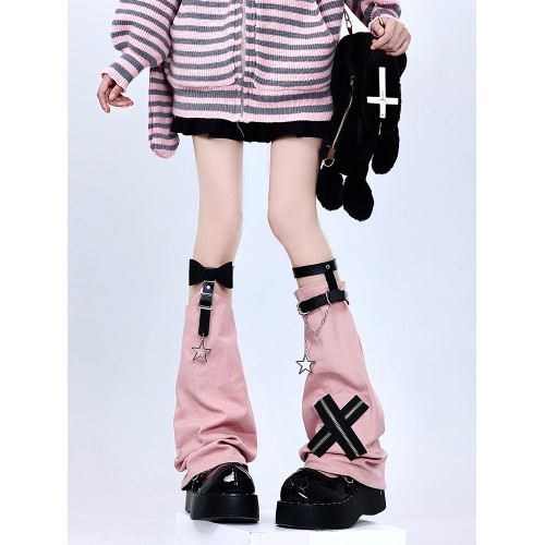 y2k十字架鏈條皮釦腿套女辣妹粉色個性暗黑龐克堆堆襪套jk亞文化 y2k十字架鏈條皮釦腿套女辣妹粉色個性暗黑龐克堆堆襪套jk亞文化