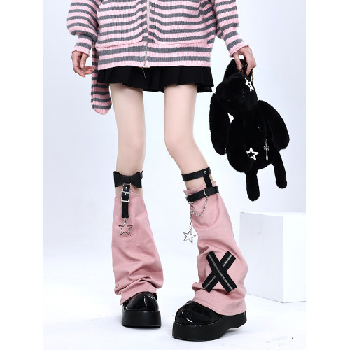 y2k十字架鏈條皮釦腿套女辣妹粉色個性暗黑龐克堆堆襪套jk亞文化 y2k十字架鏈條皮釦腿套女辣妹粉色個性暗黑龐克堆堆襪套jk亞文化
