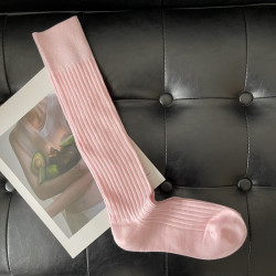 高羅口雙針寬條淡粉長襪日系純色女襪