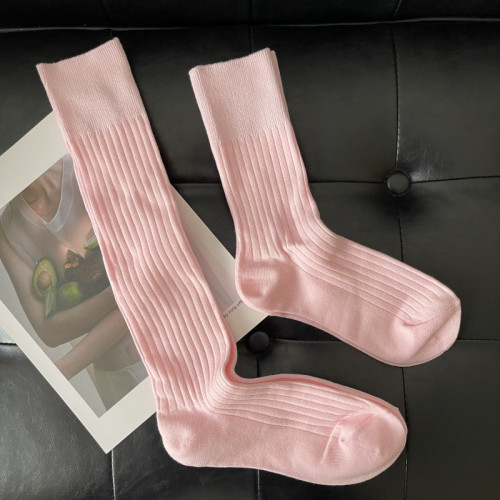 高羅口雙針寬條淡粉長襪日系純色女襪 高羅口雙針寬條淡粉長襪日系純色女襪