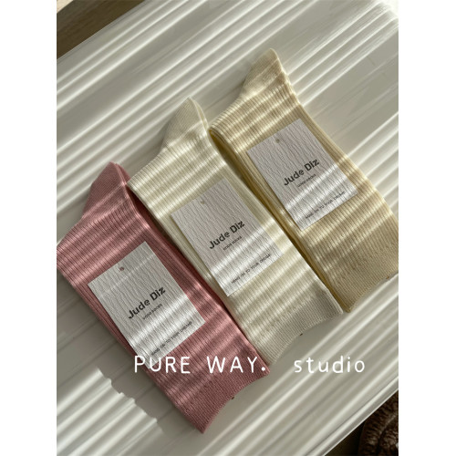 高級原創抗起球精梳純棉無骨韓國純色雙針竪條堆堆襪子女中高長筒