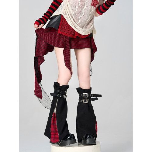 亞文化黑紅辣妹濶腿襪套y2k拉鍊設計jk堆牛仔搖滾龐克皮帶腿套靴 亞文化黑紅辣妹濶腿襪套y2k拉鍊設計jk堆牛仔搖滾龐克皮帶腿套靴