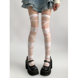 夜間教習室綁帶絲襪女夏薄款白色洛麗塔襪子亞文化過膝襪y2k白絲