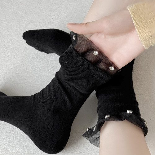 甜酷少女中筒襪網紗花邊堆堆長襪日系jk秋冬個性棉襪水鑽ins潮流 甜酷少女中筒襪網紗花邊堆堆長襪日系jk秋冬個性棉襪水鑽ins潮流