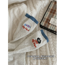 灰色襪子女中筒襪春秋純棉貓吃魚卡通可愛搞怪長襪女款初中生秋冬