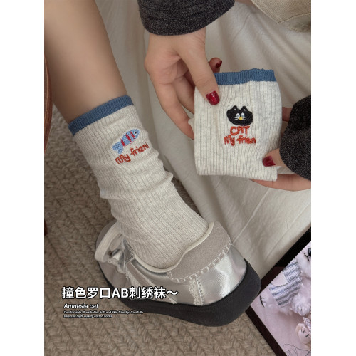 灰色襪子女中筒襪春秋純棉貓吃魚卡通可愛搞怪長襪女款初中生秋冬 灰色襪子女中筒襪春秋純棉貓吃魚卡通可愛搞怪長襪女款初中生秋冬